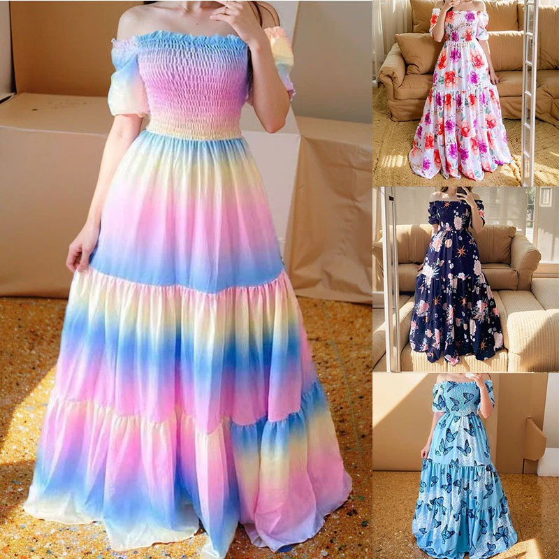 DEANWANGKT  Cross-Border New Arrival Summer European and American Women's Clothing off Shoulder Princess Dress Floral-Print off-Shoulder Swing Dress - Deanwangkt