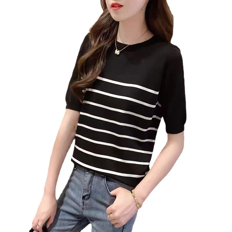 DEANWANGKT  Ice Silk Sweater Women's Short-Sleeved Summer New Korean Style Loose Thin T-shirt Black and White Striped round Neck Top - Deanwangkt