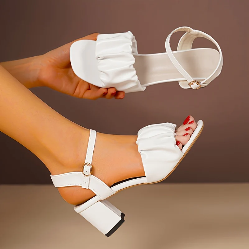 deanwangkt  Women's Pleated Design Chunky Heel Sandals, Fashion Square Open Toe Dress Pumps, Stylish Buckle Strap Sandals - Deanwangkt