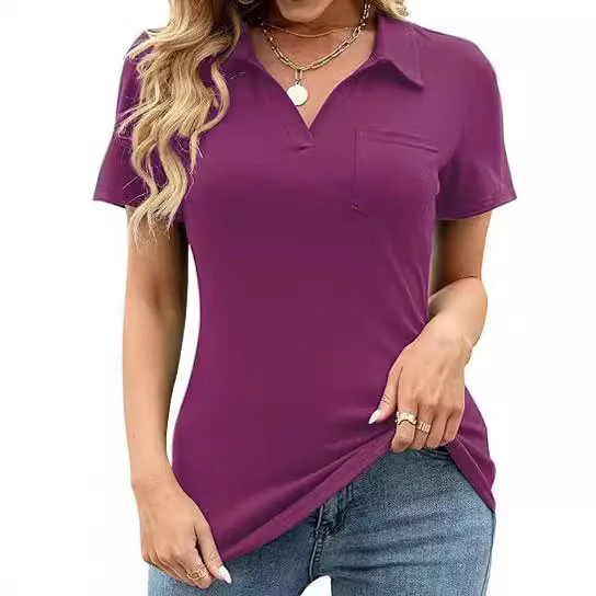 DEANWAQNGKT  Spring and Summer New   Cross Border Foreign Trade Solid Color Short Sleeve Lapel Pocket Loose-Fitting T-shirt Top Women - Deanwangkt