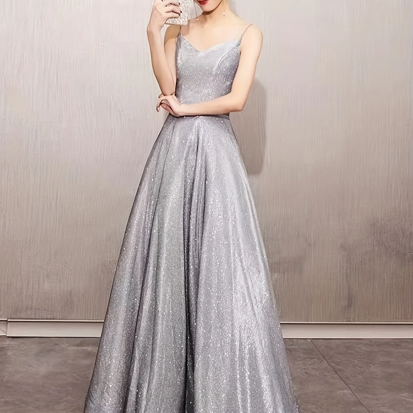 Sparkling V-neck Camisole Dress, Elegant Sleeveless Trumpet Shaped Swing Long Dress, Suitable For Parties And Banquets, Women's Clothing - Deanwangkt