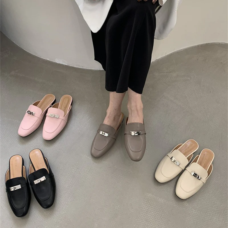DEANWANGKT  Closed Toe Half Slippers Women's Summer Outdoor Mules  New Horsebit Buckle Flat Shoes Genuine Leather Internet Celebrity Lazy Sandals - Deanwangkt