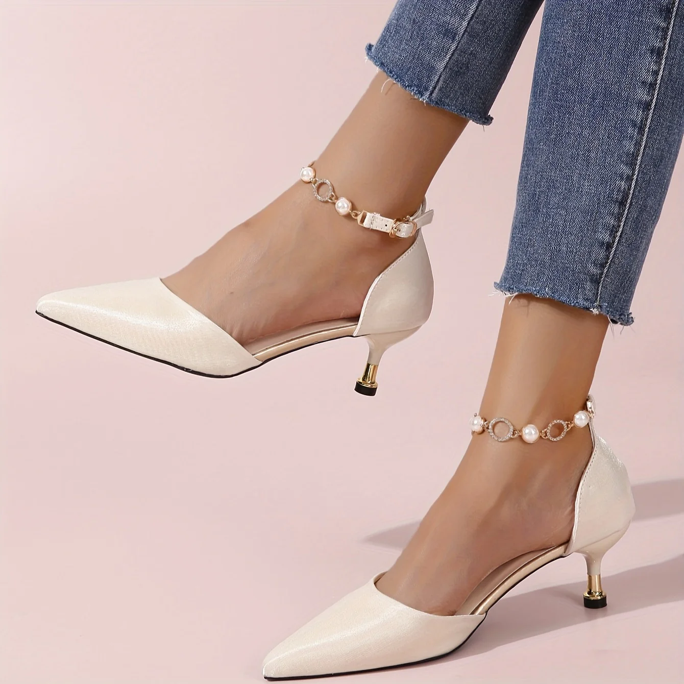 deanwangkt  Women's D'Orsay Mid Heels, Pointed Toe Faux Pearl Ankle Strap Sandals, Elegant Evening Dress Shoes - Deanwangkt