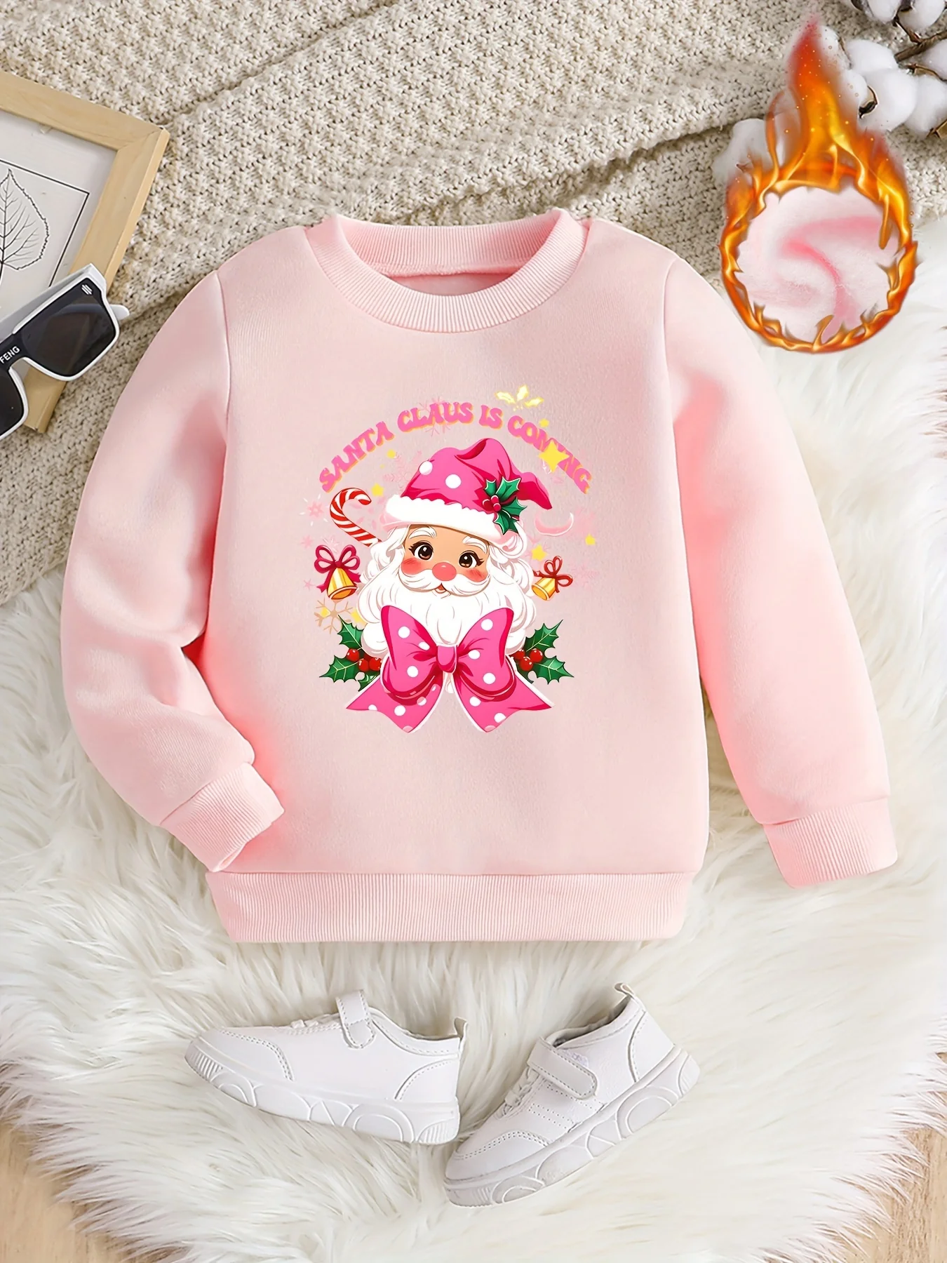 Girls' Festive Santa Claus Print Sweatshirt - Cozy Polyester, Round Neck Pullover for Fall/Winter - Deanwangkt