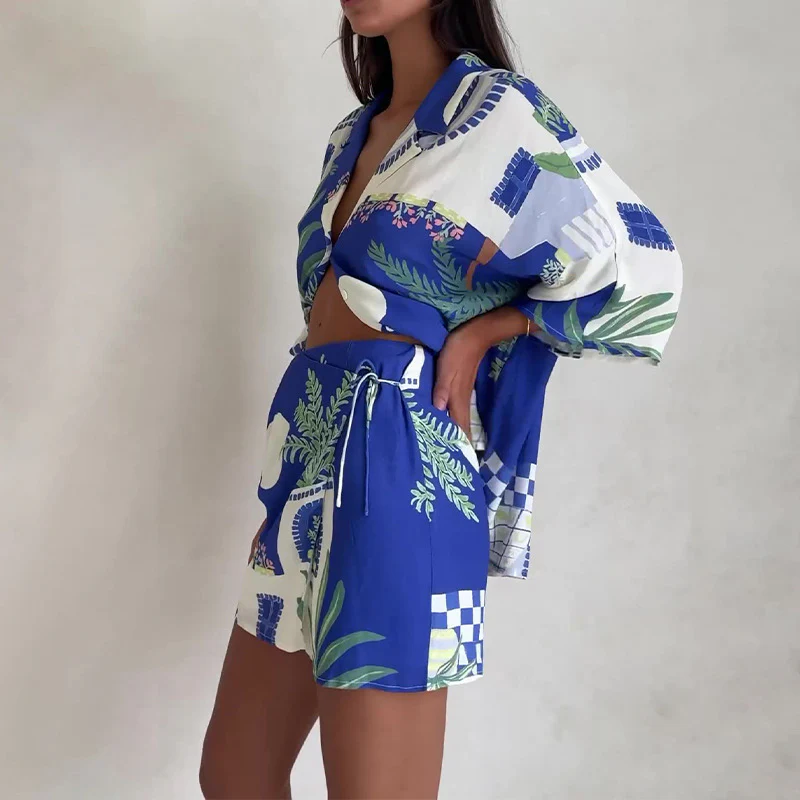 DEANWANGKT  European and American Foreign Trade Cross-Border  Summer Fashion Polo Collar Graffiti Casual Shirt High Waist Lace-up Short Culottes Suit - Deanwangkt