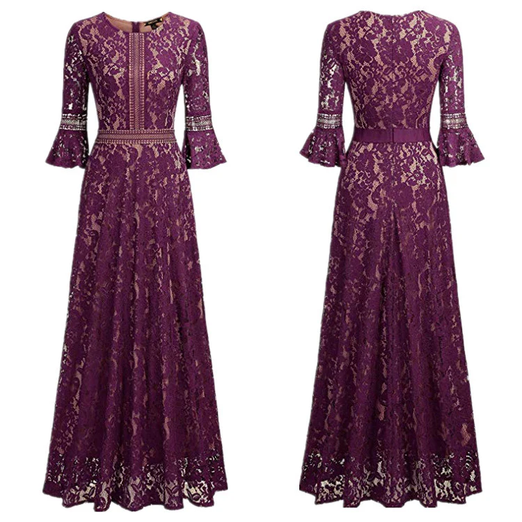 European and American New Summer  New Three-Quarter Sleeve Dress Hollow Lace Slim Lace Evening Dress - Deanwangkt