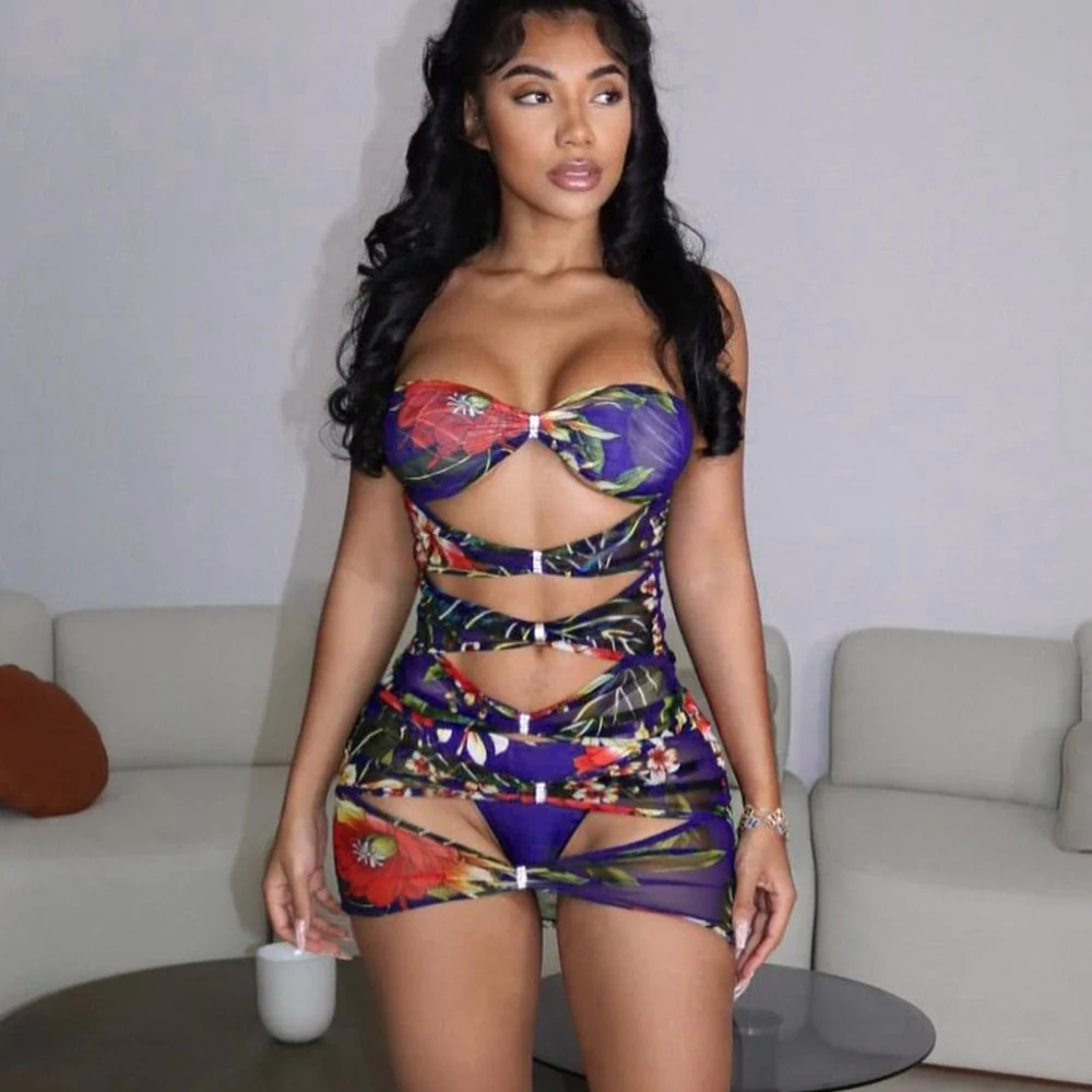 2025 K23DS097  New women's clothing summer new sexy printing sleeveless slim-fitting hollow tube top short dress - Deanwangkt