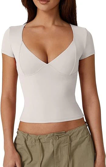 DEANWAQNGKT  Cross Border Women's Clothing  Hot Milk Silk T-shirt Short Sleeve V-neck Slim Fit Midriff-Baring Hot Girl Top Women's Summer - Deanwangkt