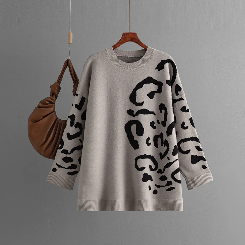 DEANWANGKT Knitted jacquard sweater women's New autumn and winter 2025 new products round neck pullover leopard print long sleeve medium and long bottoming shirt - Deanwangkt