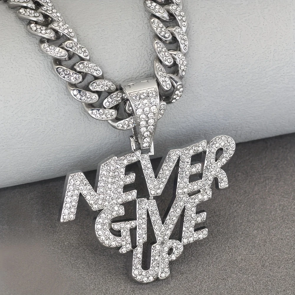 1 Piece of Luxurious Shiny NEVERGIVEUP Pendant Necklace - Rhinestone Encrusted, Plated White K, Hip Hop Choker Style for Men and Women - Alloy Material, Cuban Chain, Perfect Fashion Accessory - Deanwangkt