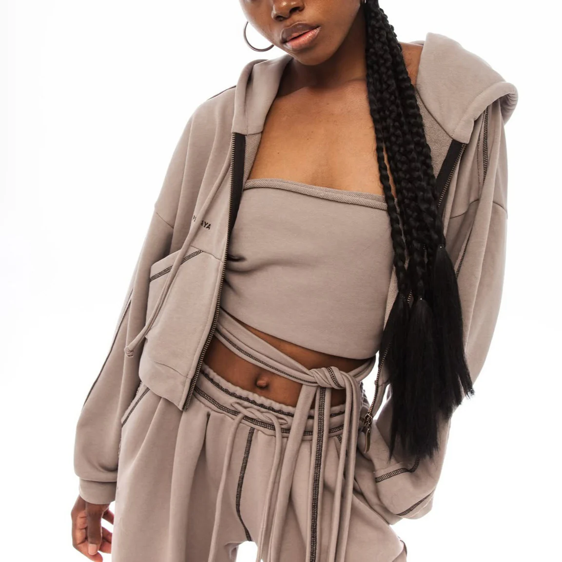 n hooded short jacket strappy tube top drawstring straight trousers sports suit casual sweater three-piece high street - Deanwangkt