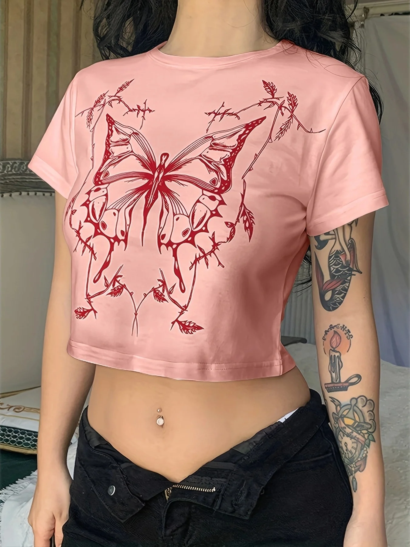 DEANWANGKT  Jfl22585 Hot Girl Cropped T-shirt Women's Summer Fashion Butterfly Print Crew Neck Short Sleeve T-shirt Cropped Top - Deanwangkt