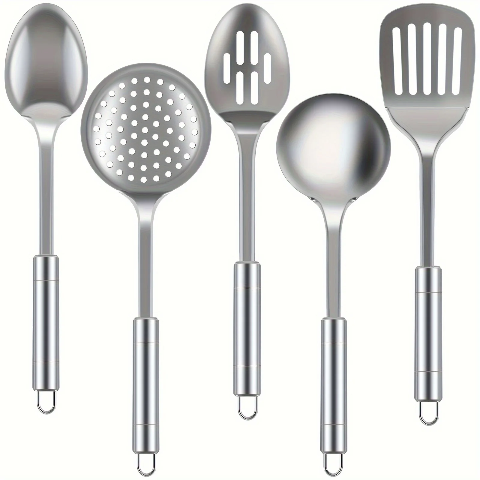 5pcs/set, Kitchen Utensil Set, Stainless Steel Spoons And Spatula Set With Ergonomic Handle, Safety Cooking Utensils Set, Non-Stick Kitchen Tools Set, Cooking Turner, Spatula, Cooking Soup Spoon, Colander Spoon, Kitchen Stuff, Kitchen Gadgets - Deanwangkt