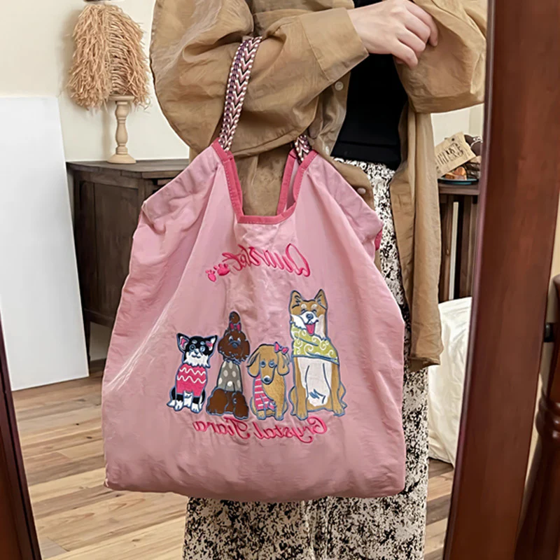 Japanese Cat Shiba Inu Embroidered Environmental Protection Cloth Bag Female Large Capacity New Nylon Handbag Student All-Match Shoulder Bag - Deanwangkt