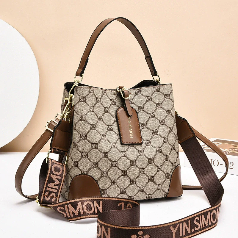 Women's bag  new fashion versatile light luxury printing retro contrasting color commuter bucket bag shoulder messenger bag - Deanwangkt