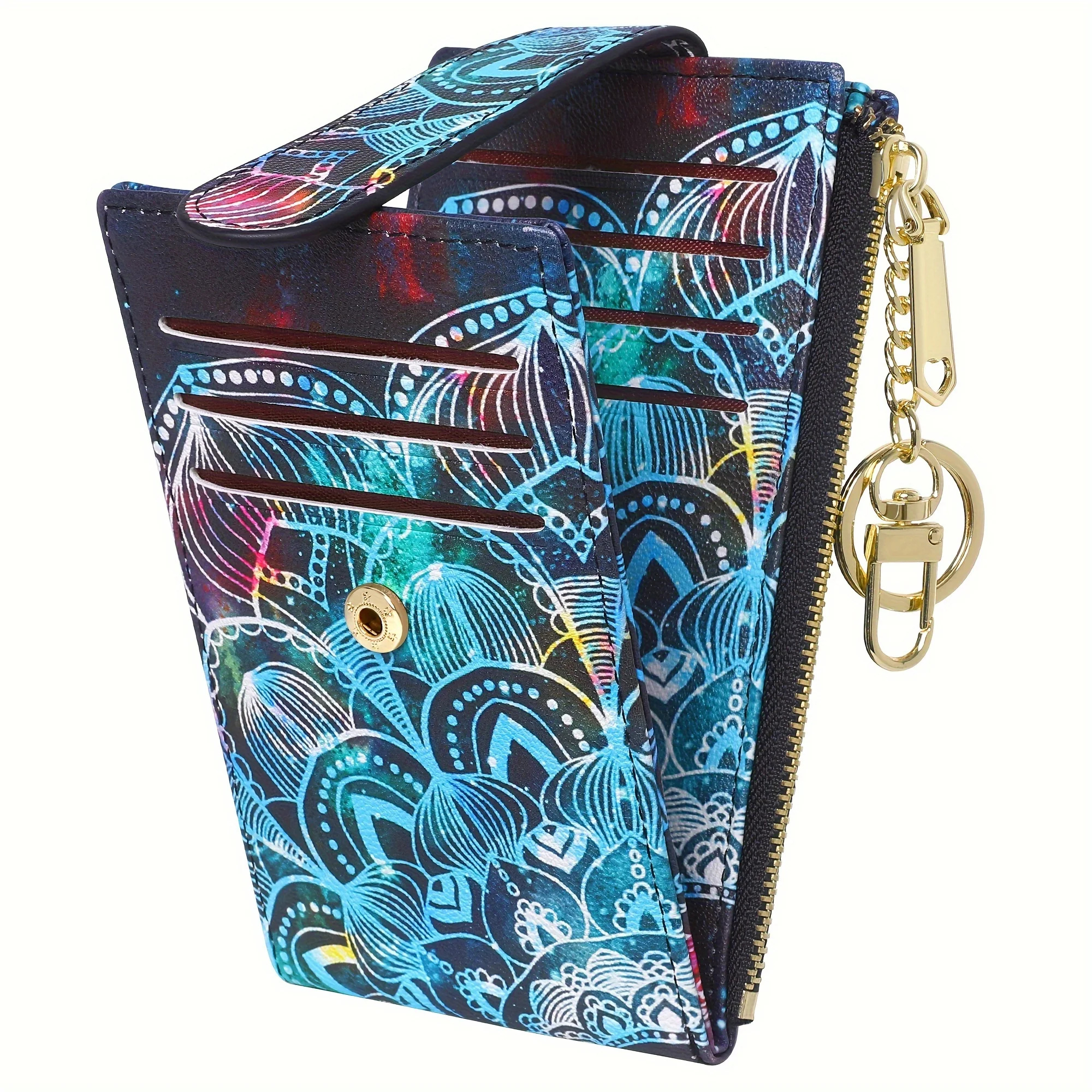 Slim RFID Blocking Bifold Wallet for Women - Secure Credit Card Holder with Zipper Closure, Multiple Slit Pockets, Polyester Lining, and Keychain - Casual, Random Printing Design, PU Material - Deanwangkt