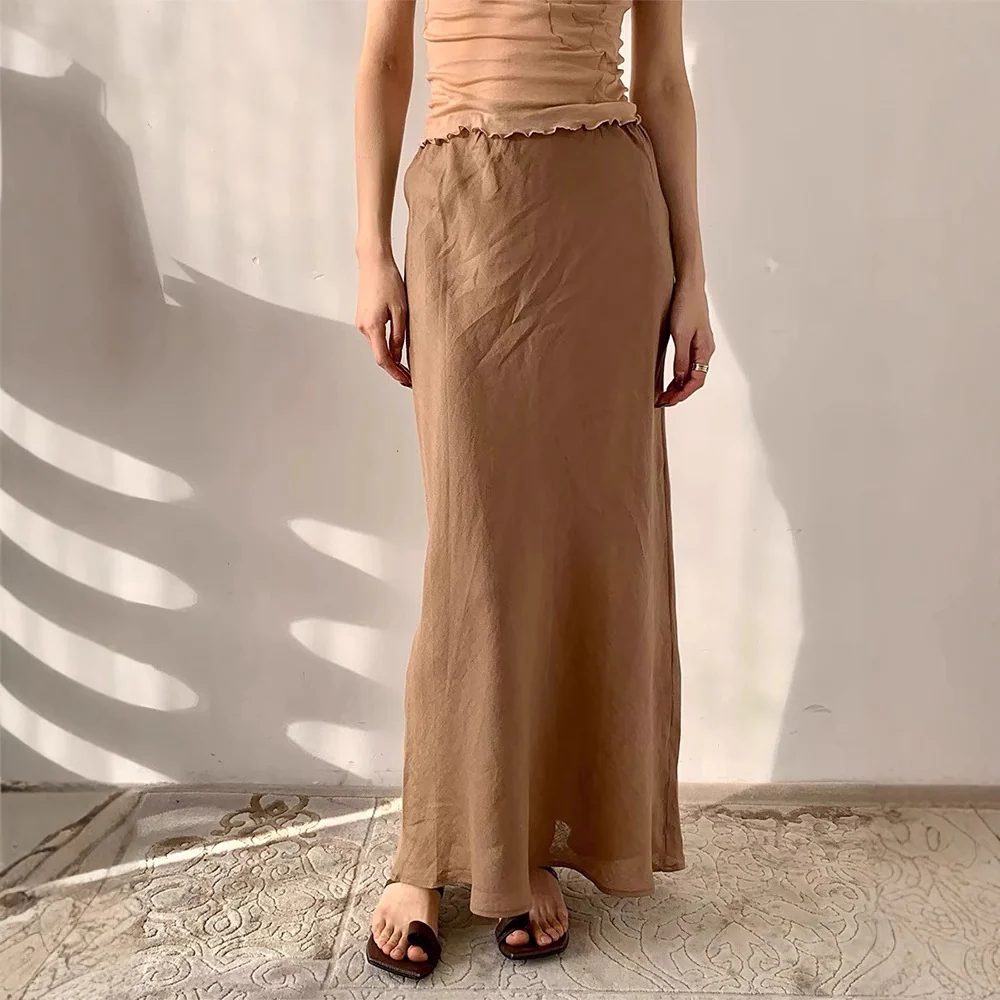 Siyuan,  thin oblique cut linen imported double-layer rubber band fishtail medium and long skirt women 7544 - Deanwangkt