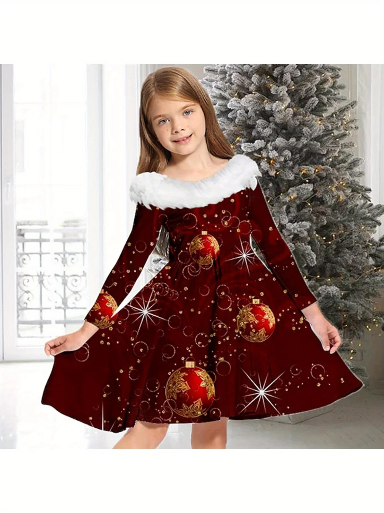 Long Sleeve Elegant Girls Graphic Jingle Bell Christmas Dress Gift - Deanwangkt
