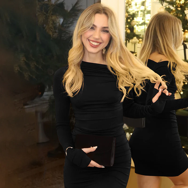 2025 DEANWANGKT  Popular trade  women's clothing autumn and winter new temperament solid color diagonal collar shoulder long sleeve slim hip dress women - Deanwangkt