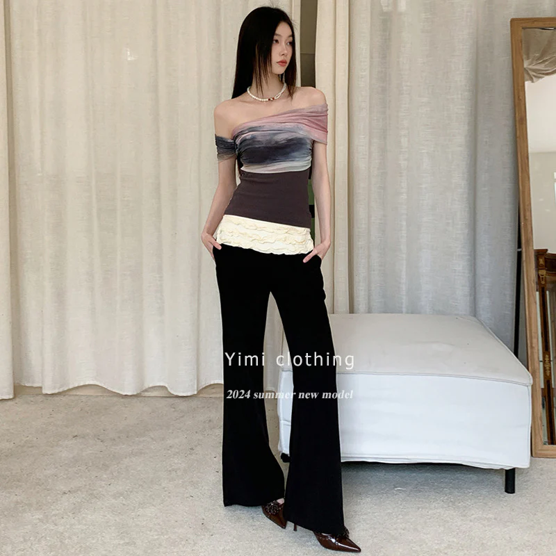 DEANWANGKT  Women's T-shirt Artistic Blooming New Chinese Short-Sleeved Shirt Women's Niche Design Slim Fit Patchwork off-Shoulder T-shirt - Deanwangkt
