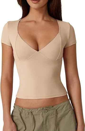 DEANWAQNGKT  Cross Border Women's Clothing  Hot Milk Silk T-shirt Short Sleeve V-neck Slim Fit Midriff-Baring Hot Girl Top Women's Summer - Deanwangkt