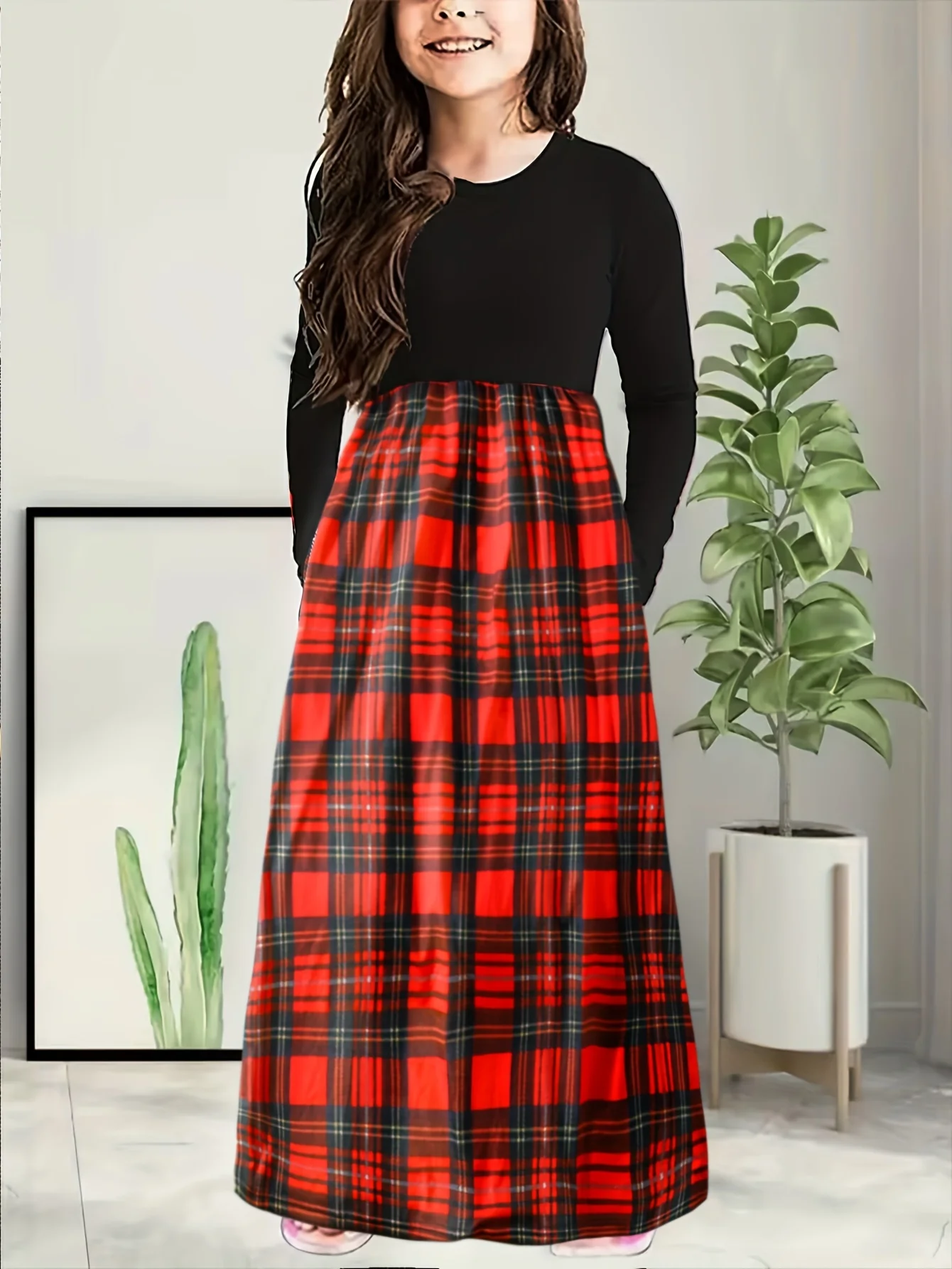Girls Vibrant Plaid Crew Neck Long Sleeve Dress - Classic Design for Comfort and Warmth - Perfect for Fall and Christmas Parties - Deanwangkt
