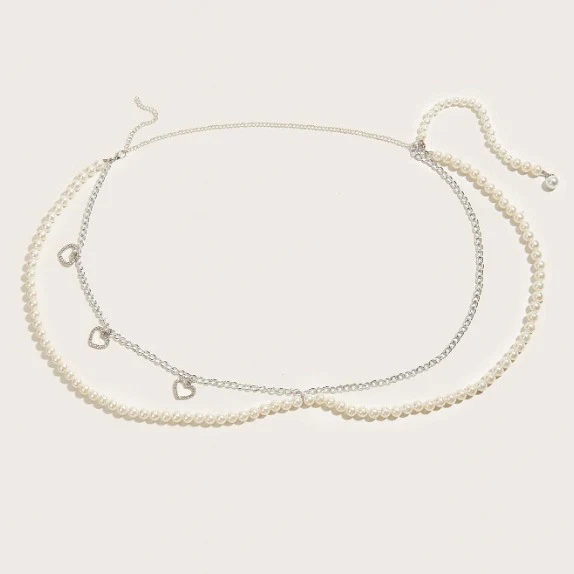 2025  2870 hot-selling new hollow rhinestone inlaid love pendant pearl chain hand-spliced metal waist chain body chain - Deanwangkt