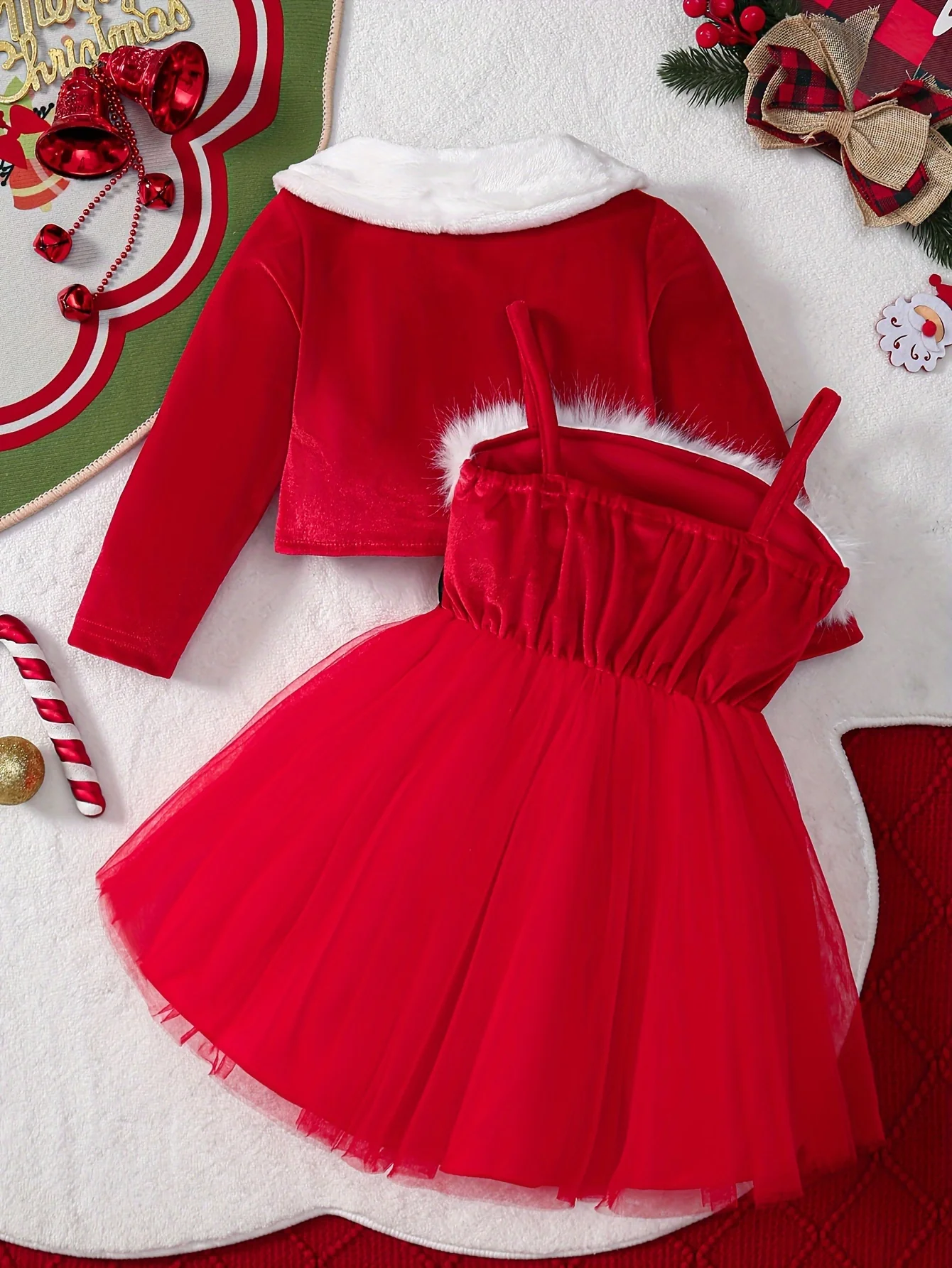 Girls' 2-Piece Elegant Christmas Velvet Jacket and Tulle Dress Set with Faux Fur Collar and Belt Detail, Polyester Knit Fabric with Medium Stretch, Spaghetti Strap Dress for Over 3 Years - Solid Color Fall/Winter Ensemble, For Outdoor - Deanwangkt