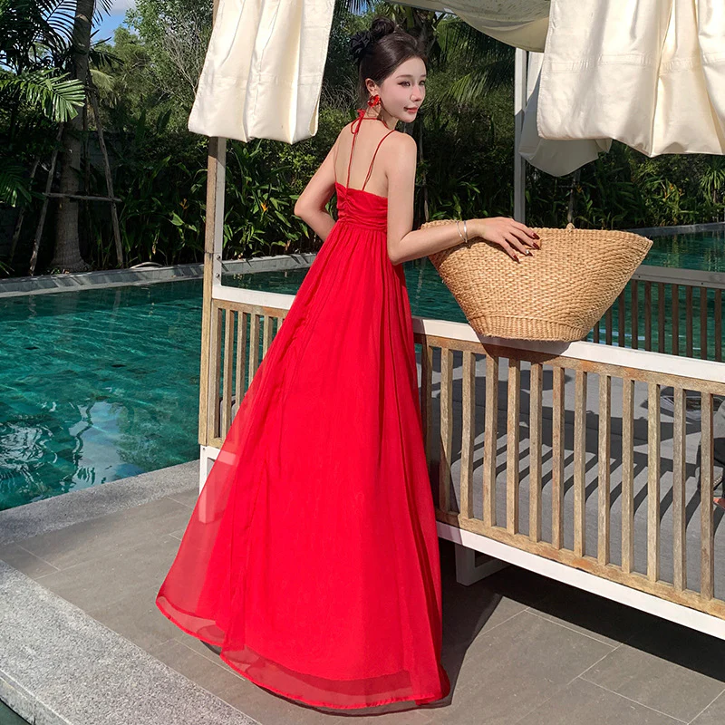 2025 Spice girl red backless suspender dress, Thailand Sanya seaside vacation beach dress lace-up waist long dress women's summer - Deanwangkt
