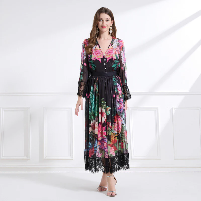 Popular trade women's clothing  holiday style V-neck lace printing set waist ruffle edge dress - three-piece set - Deanwangkt