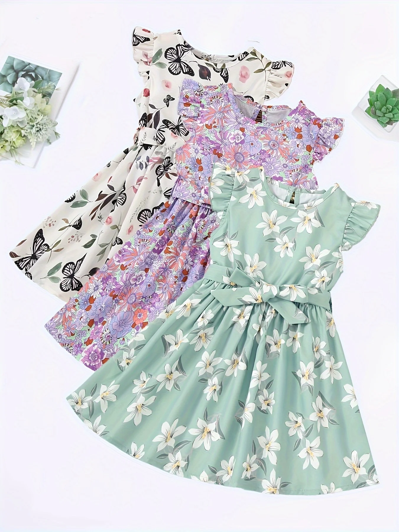 3pcs Little Princess Butterfly Floral Ruffle Trim Dresses - Adorable Belted Casual Summer Dresses for Girls - Polyester Non-Stretch Fabric, A-Line Fit, Perfect for Holiday Gift Party - Deanwangkt