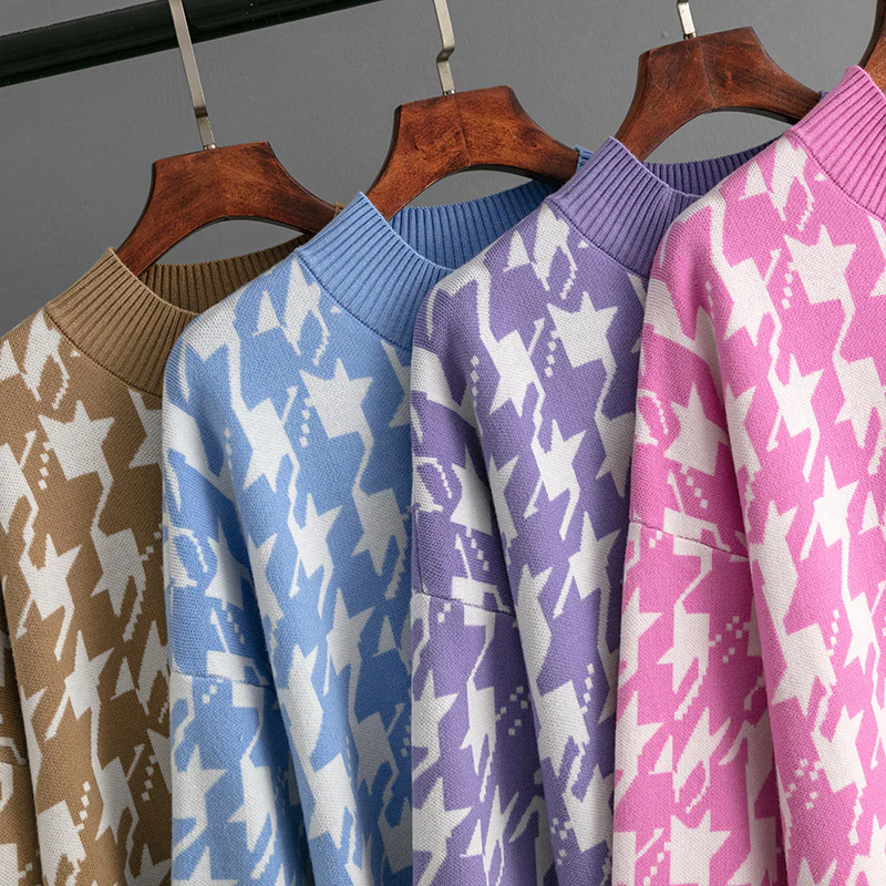 DEANWANGKT  autumn and winter new 2025 thousand bird grid knitted pullover round neck loose large size sweater women - Deanwangkt