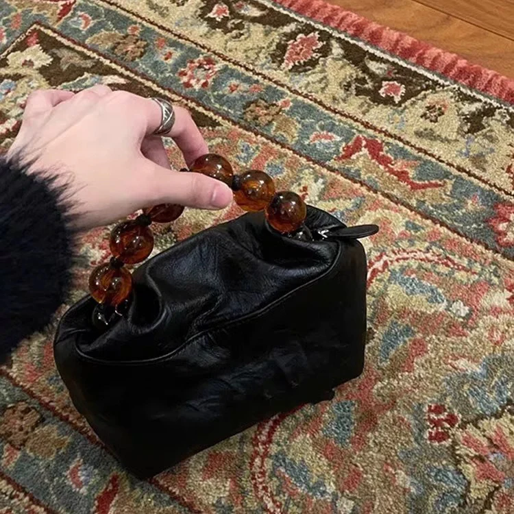 DEANWANGKT 2025 Handbag bag women's new high-end hand scratch commuter bag new Chinese black beaded shoulder messenger women's bag - Deanwangkt