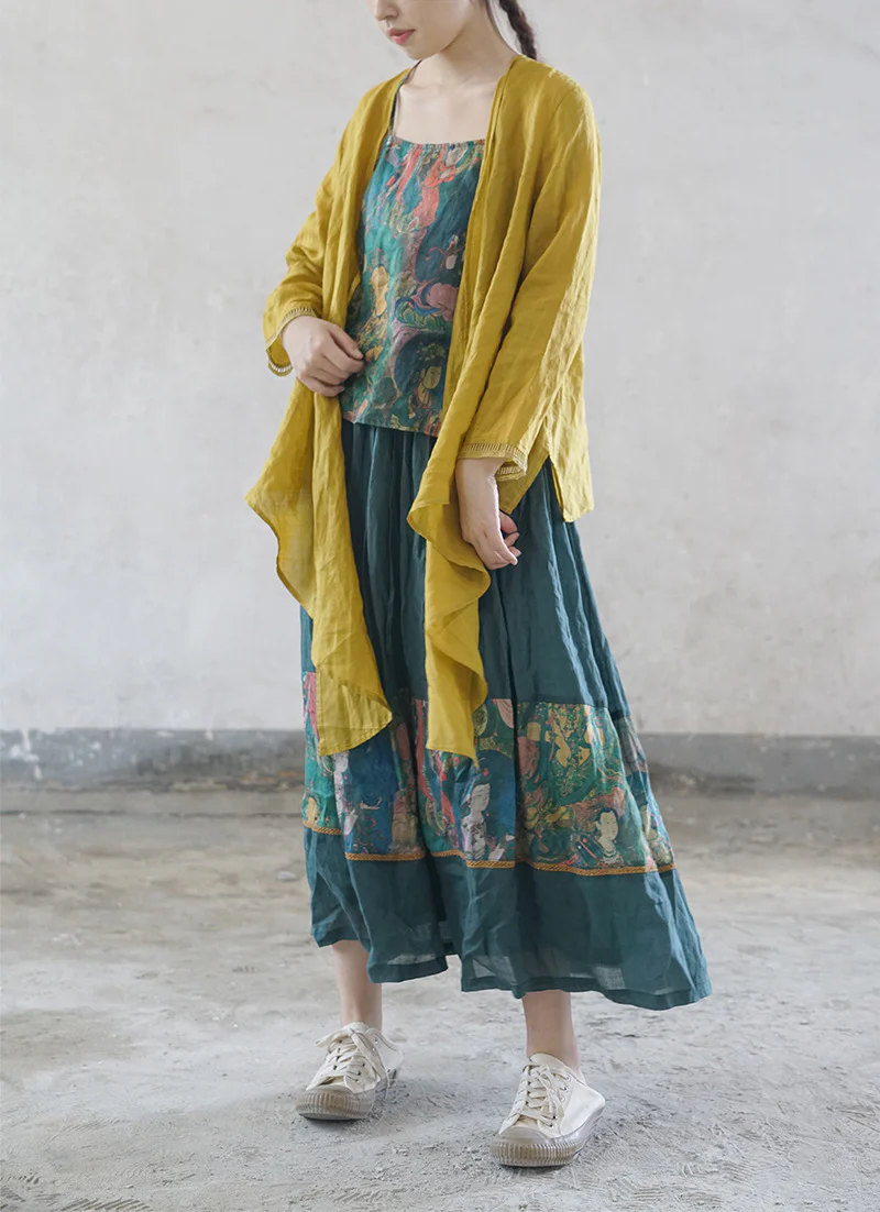 Chinese style printed ramie short sling Hanfu, Guochao belly pocket bottom versatile sling vest D21100 - Deanwangkt