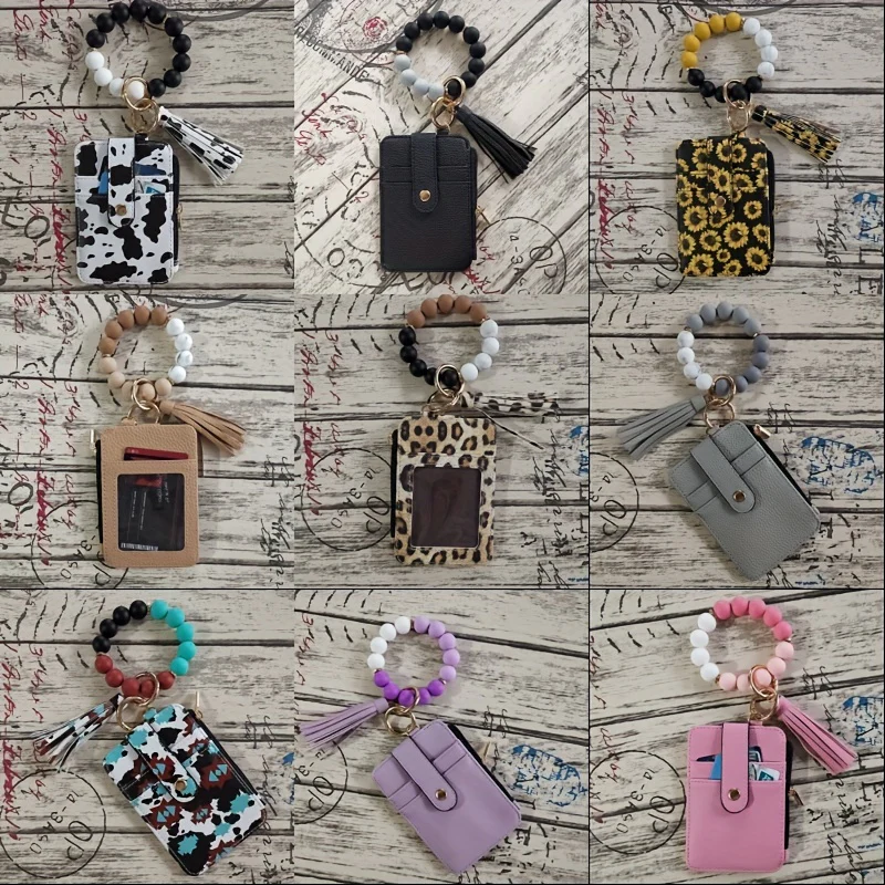 Single Retro Round Silicone Beaded Wristlet Keychain with PU Leather Wallet Card Holder, Ring Buckle, Tassel, and Phone Lanyard - Perfect Couple Keychain for Valentines Day Gift - Plant Theme, Tool, and Bag Charm Included - Deanwangkt