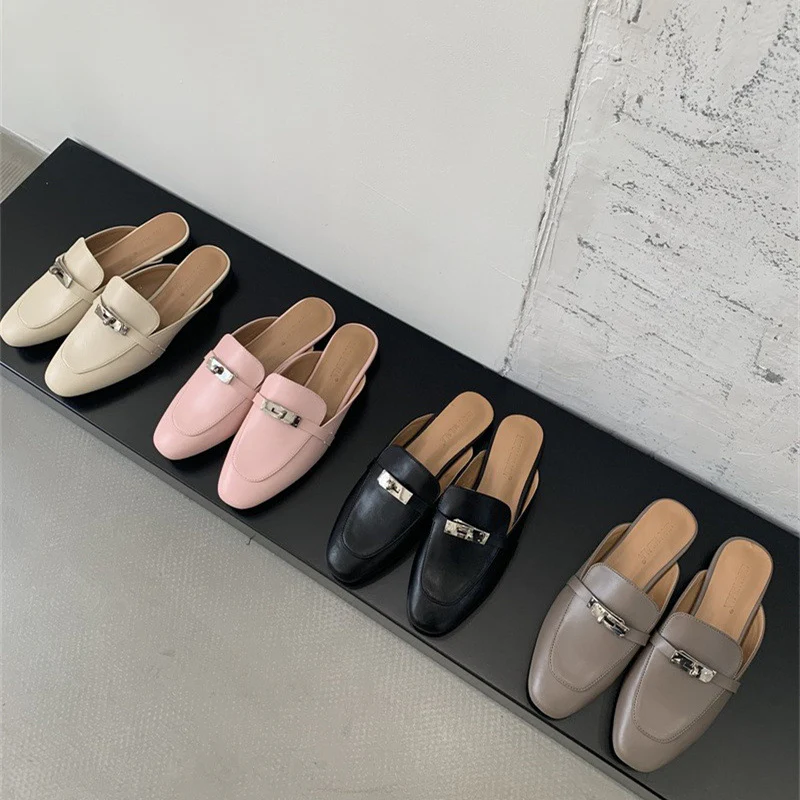 DEANWANGKT  Closed Toe Half Slippers Women's Summer Outdoor Mules  New Horsebit Buckle Flat Shoes Genuine Leather Internet Celebrity Lazy Sandals - Deanwangkt