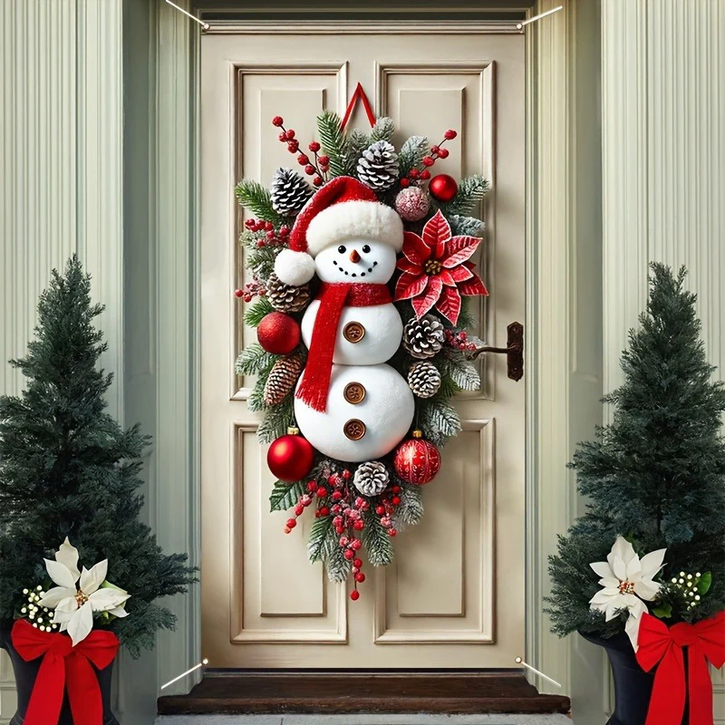 1pc Festive Christmas Wreath, 3D Snowman Door Hanging, Fabric Wall Decor, No Feather, Battery-Free, Outdoor Holiday Decoration for Home & Garden, 2025 New Year Front Door Decoration, Gift for Family & Friends - Deanwangkt