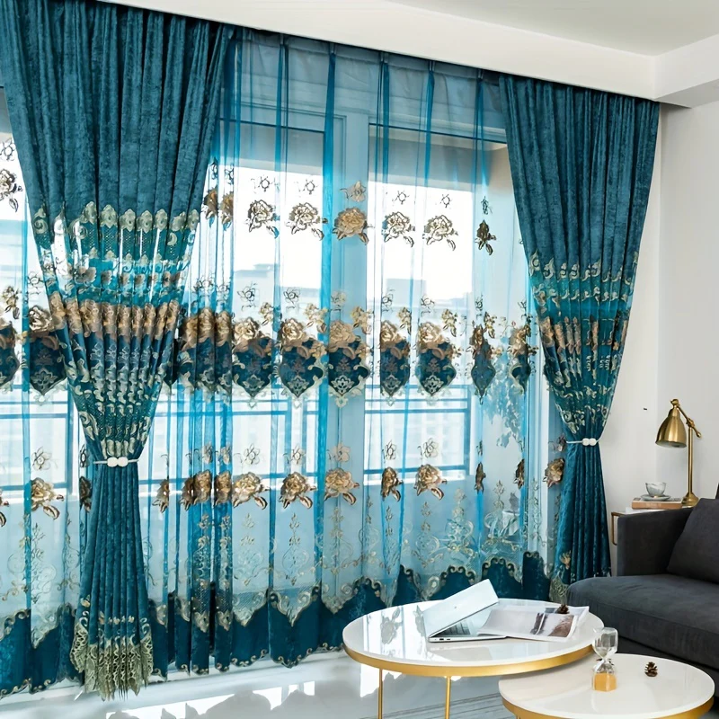 1pc Chenille Hollow Embroidery Curtain, Sunshade Living Room Dining Room Bedroom Blue Curtain, Window Treatment Home Decor - Deanwangkt