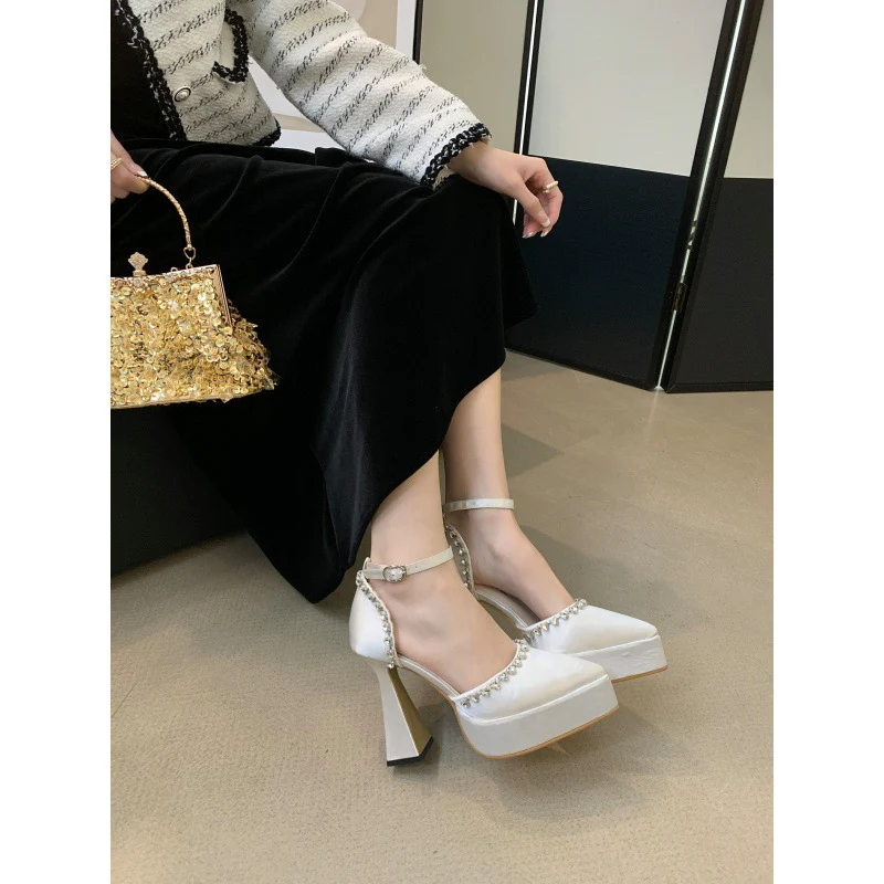 DEANWANGK  12cm Rhinestone Chain Fairy Women's Chunky Heels  Spring and Summer New  Style Temperament Pointed-Toe Hollowed Closed Toe High Heel Cool - Deanwangkt