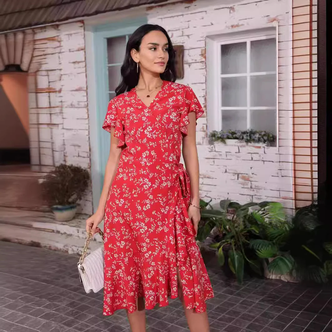 DEANWAQNGKT  Summer  New Sexy Chiffon Midi Dress Printed V-neck Dress Beach Dress - Deanwangkt