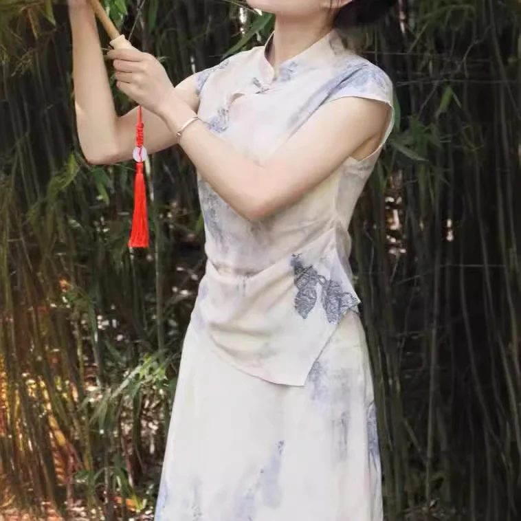 2025 Summer grass and wood dye floating Chinese style daily versatile stand-up collar top + skirt two-piece set - Deanwangkt