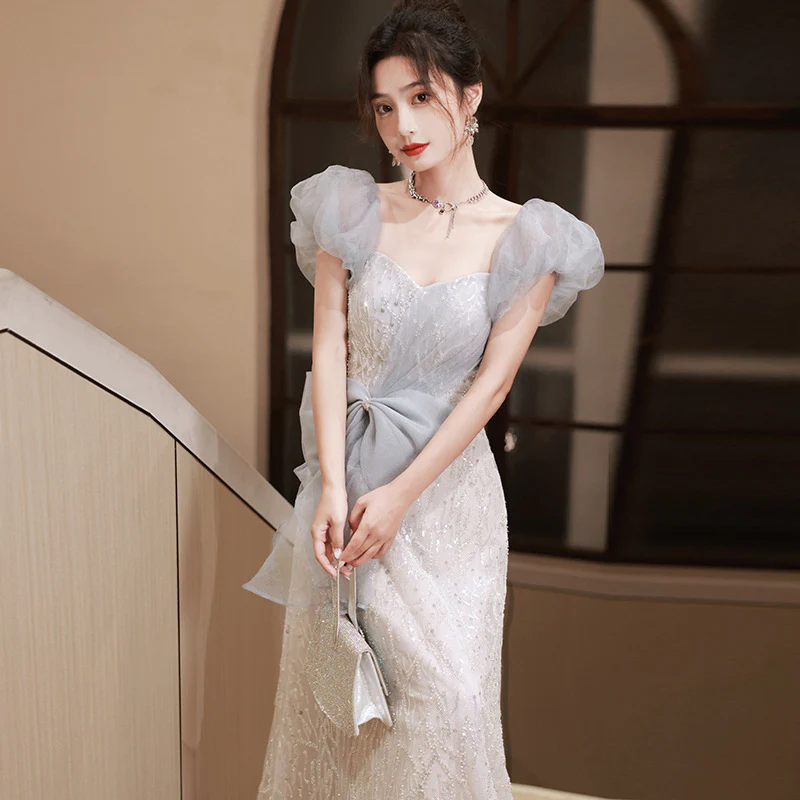 2025 Banquet evening dress skirt 2025 new blue  light luxury bubble sleeve birthday princess skirt adult dress skirt - Deanwangkt