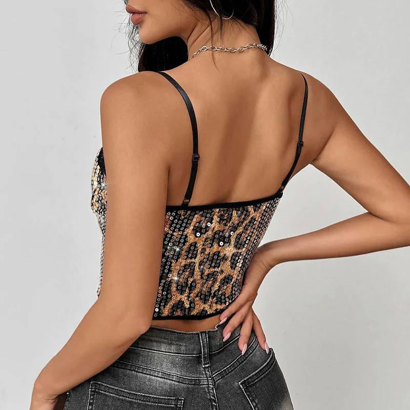 MOMENTLOVER autumn and winter new women's clothing Spice Girl style personalized sequins sexy lace leopard print suspender small vest women - Deanwangkt