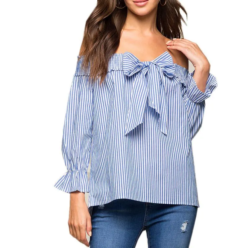 Sexy Off Shoulder Blouse Summer Women Bow Slash Neck Long Sleeve Blue Vertical Striped Shirt Blusas Casual Tops Plus Size - Deanwangkt