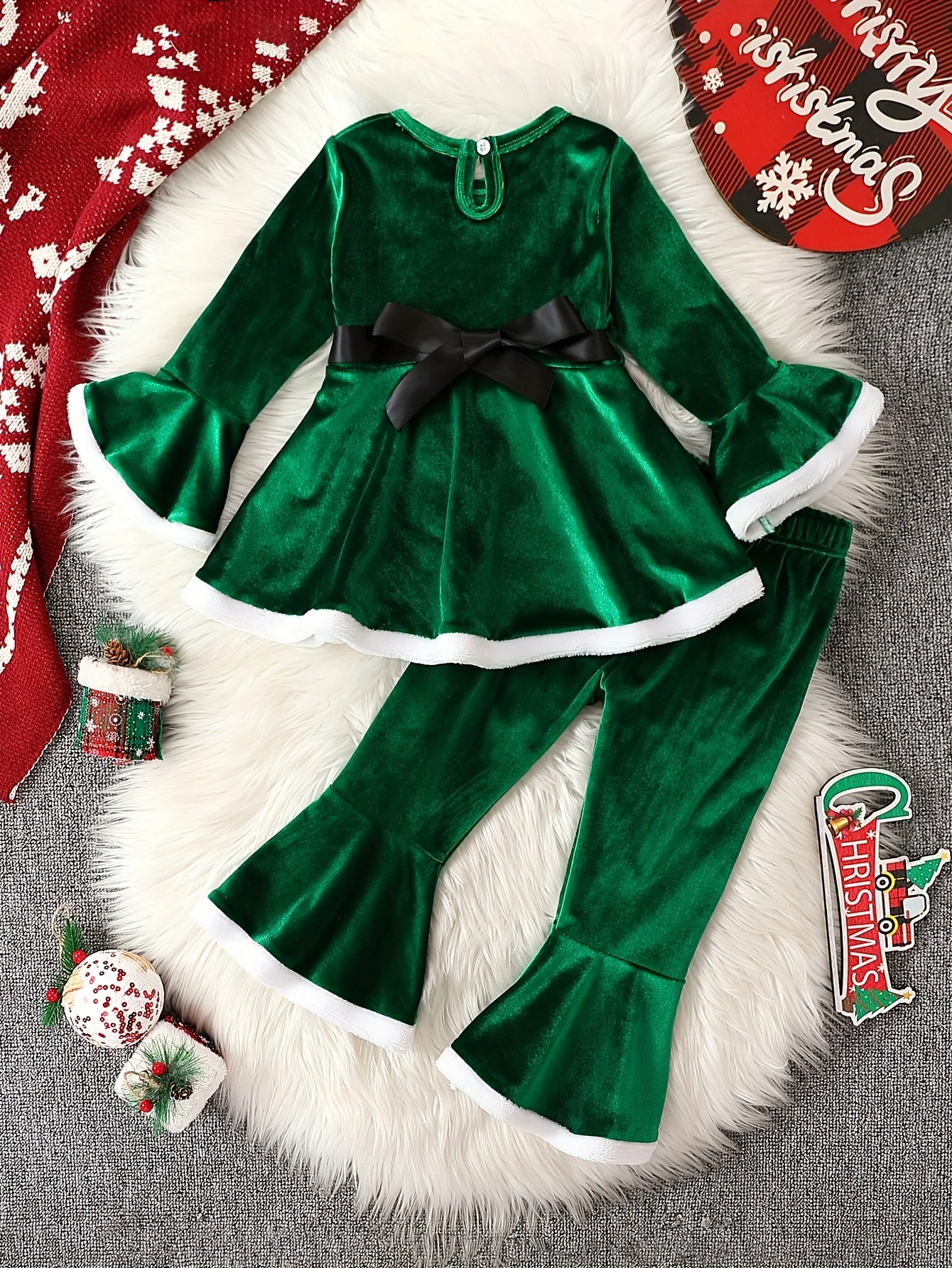 2 Pcs Toddler Girl's Christmas Outfit Set: Belted Peplum Top & Velvet Flared Pants, Santa Claus Dressed-up Clothes for Winter Fall - Deanwangkt