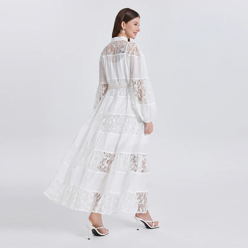 New women's clothing stand-up collar lantern sleeve dress waist lace hollow lace A-shaped long dress tide - Deanwangkt