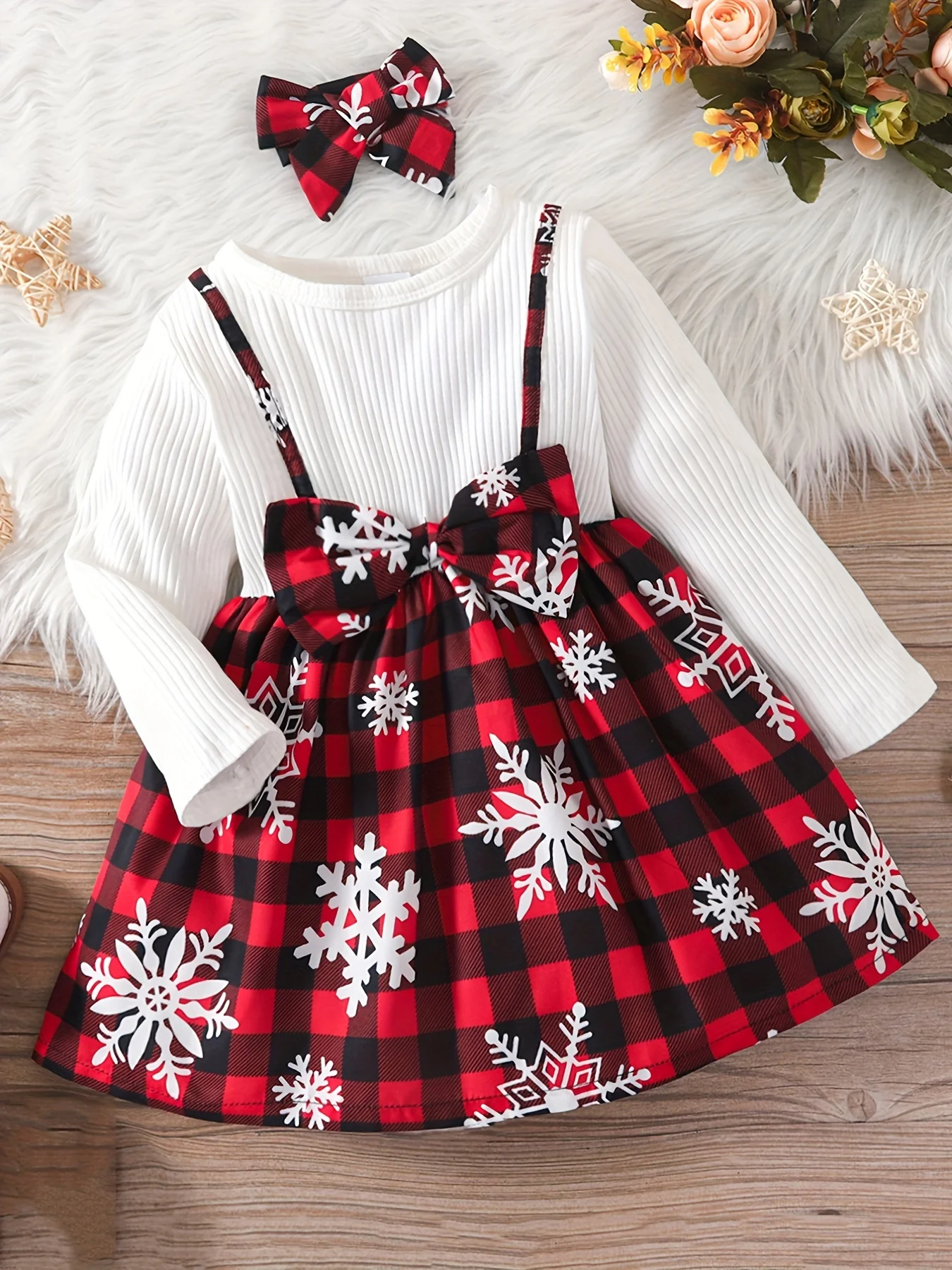 2pcs Toddler Girl's Christmas Style Cotton Ribbed Long Sleeve Dress and Headband Set - Soft, Plaid, Splicing, Spring and Autumn Wear - Deanwangkt