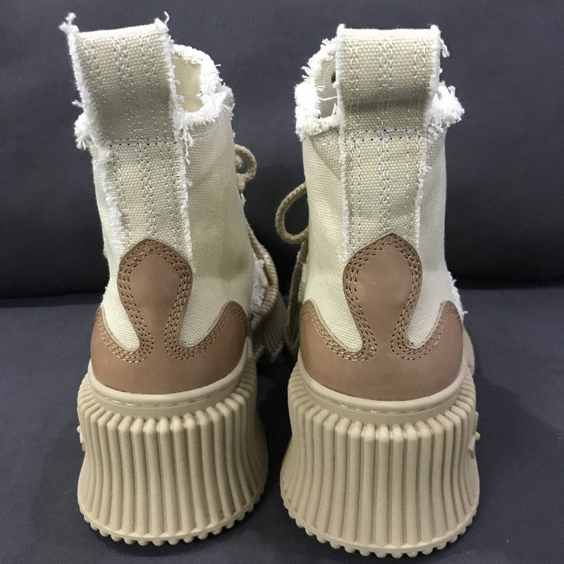 SK Black Biscuit Wilderness Wind Boots Washed Wheat Cowhide Canvas Cover Mid-Calf Martin Boots Cruciate Flower Shoes - Deanwangkt