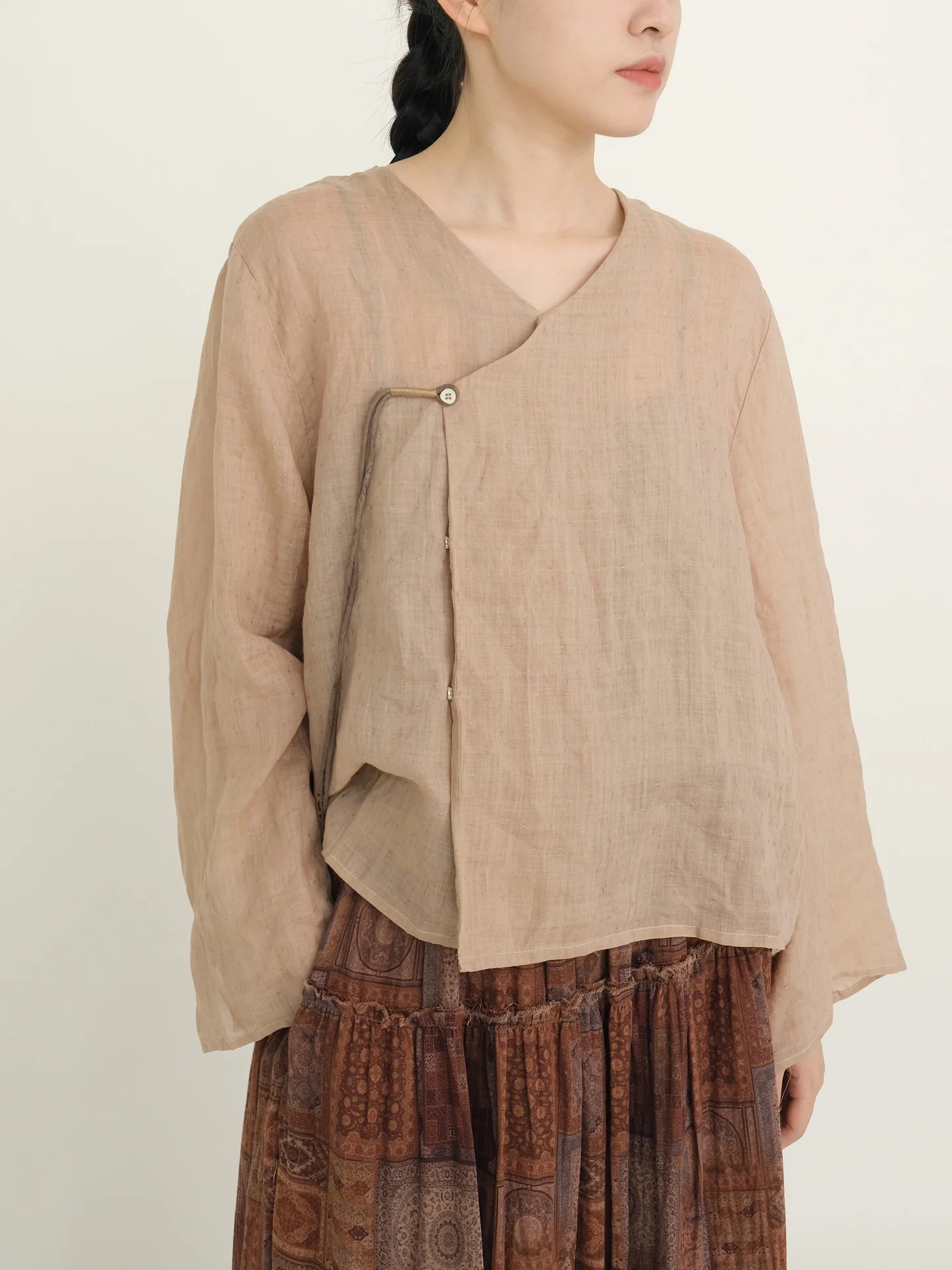 autumn retro ramie jacquard old diagonal placket lace-up shirt, light Chinese literary cardigan jacket S23188 - Deanwangkt