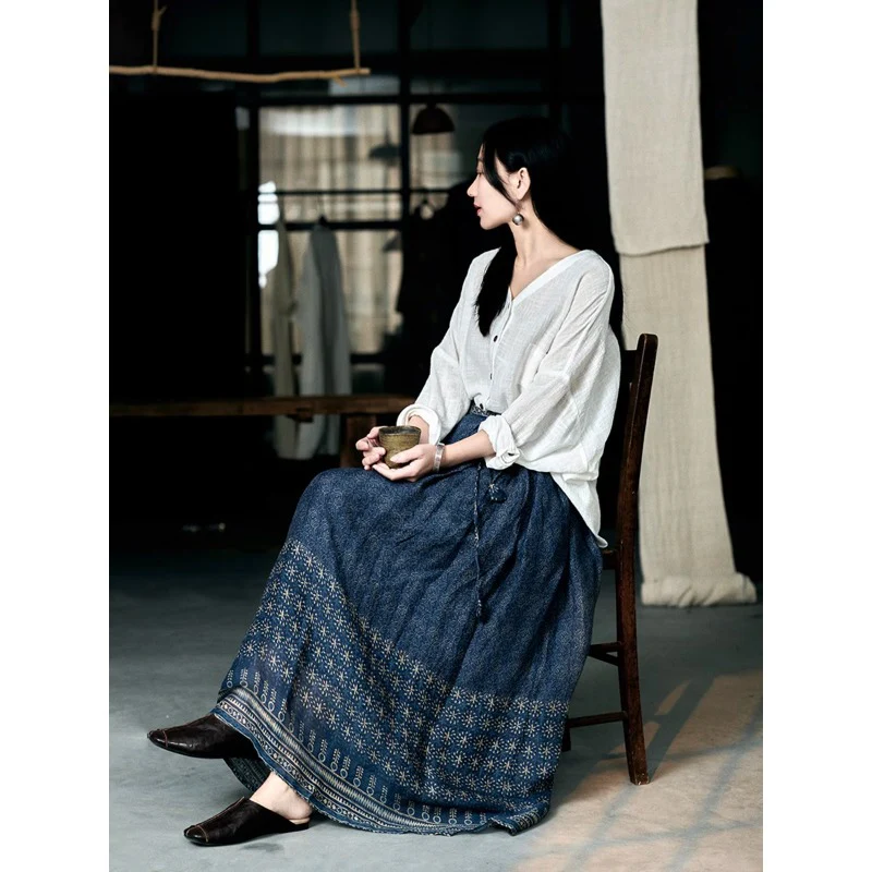 Double-layer spring and summer literary and ethnic style, retro and old blue splicing printing cotton and linen skirt - Deanwangkt